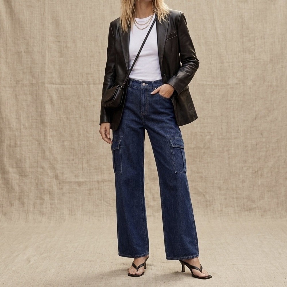 LOFT The Wide Leg High Rise Jean Size 25/0 Cargo Pant Blue Denim Casual NWT
